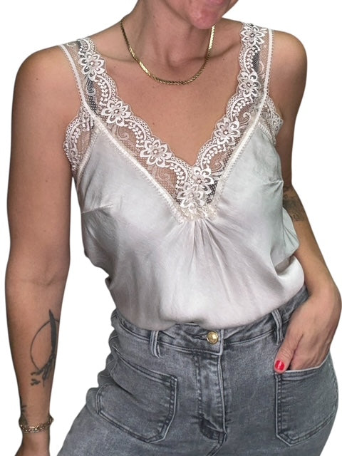 V-NECK VISCOSE LACE TANK-BEIGE - Kingfisher Road - Online Boutique