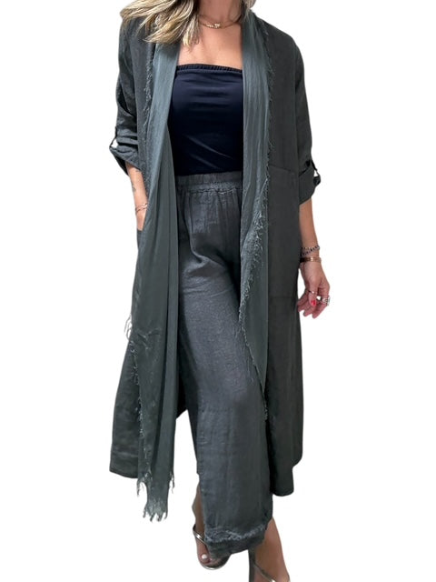 ITALIAN LINEN AND SILK DUSTER-CHARCOAL - Kingfisher Road - Online Boutique