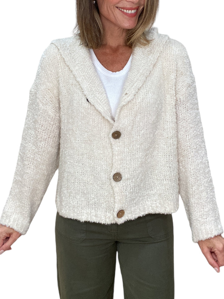 L/S BOUCLE HOODED CARDIGAN WITH BUTTONS-OATMEAL