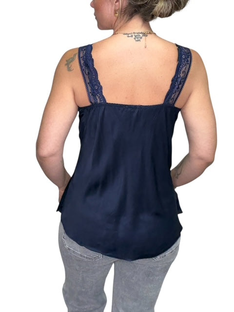 V-NECK VISCOSE LACE TANK-NAVY - Kingfisher Road - Online Boutique