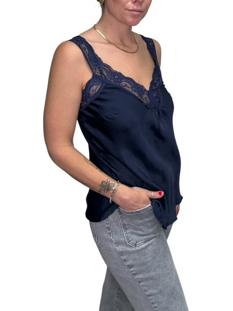 V-NECK VISCOSE LACE TANK-NAVY - Kingfisher Road - Online Boutique