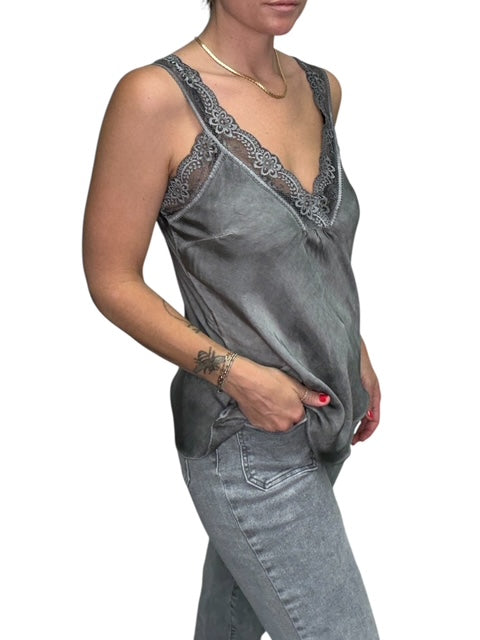 V-NECK VISCOSE LACE TANK-CHARCOAL - Kingfisher Road - Online Boutique