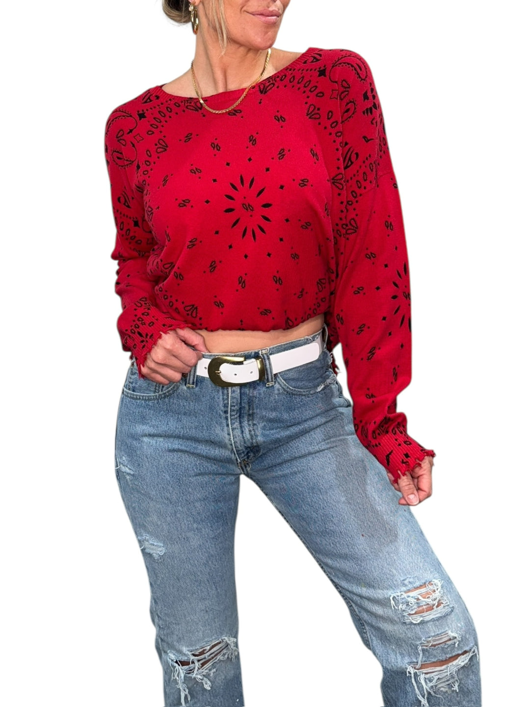 BANDANA CREW NECK SWEATER-RED - Kingfisher Road - Online Boutique
