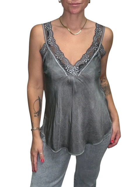 V-NECK VISCOSE LACE TANK-CHARCOAL - Kingfisher Road - Online Boutique