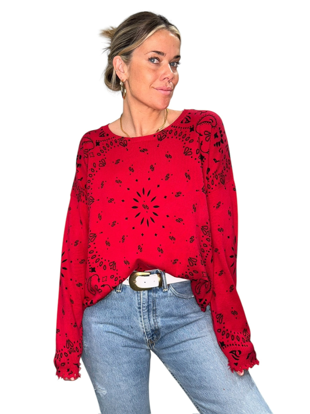 BANDANA CREW NECK SWEATER-RED - Kingfisher Road - Online Boutique