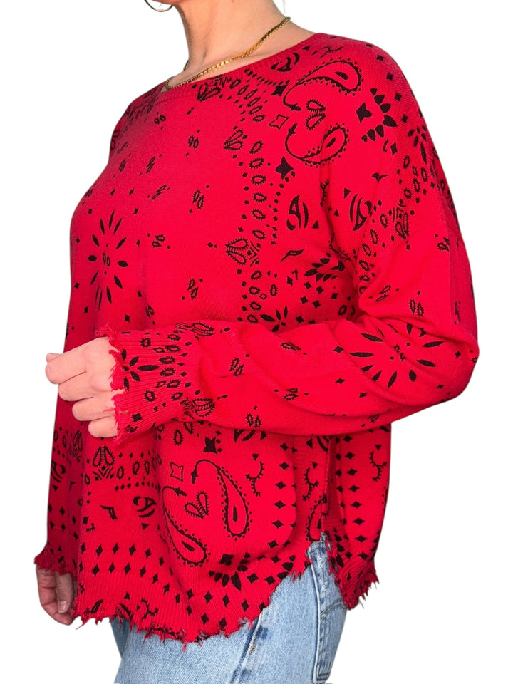 BANDANA CREW NECK SWEATER-RED - Kingfisher Road - Online Boutique