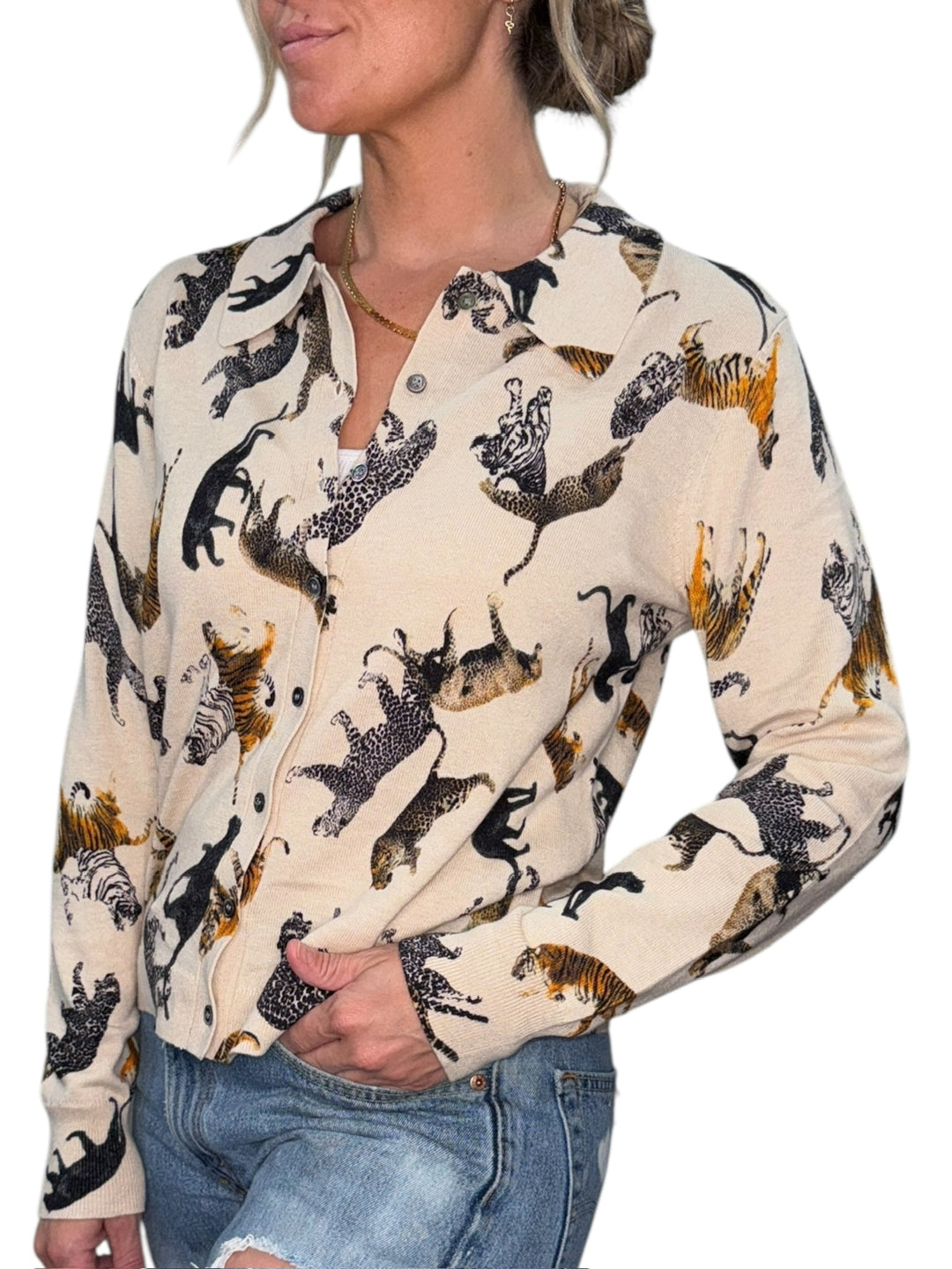TIGER BUTTON FRONT CARDI-LATTE - Kingfisher Road - Online Boutique