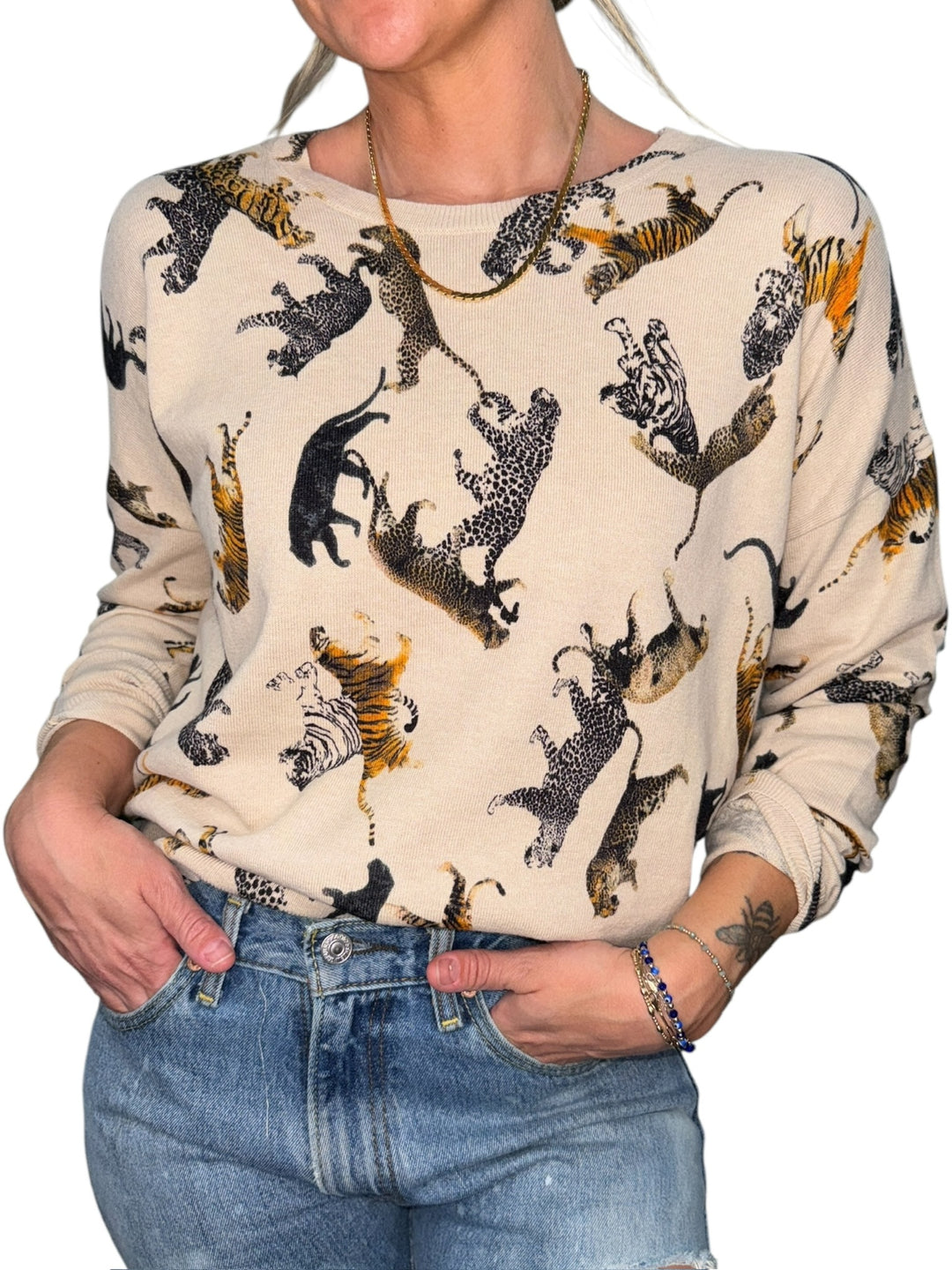 TIGER CREW NECK SWEATER-LATTE - Kingfisher Road - Online Boutique