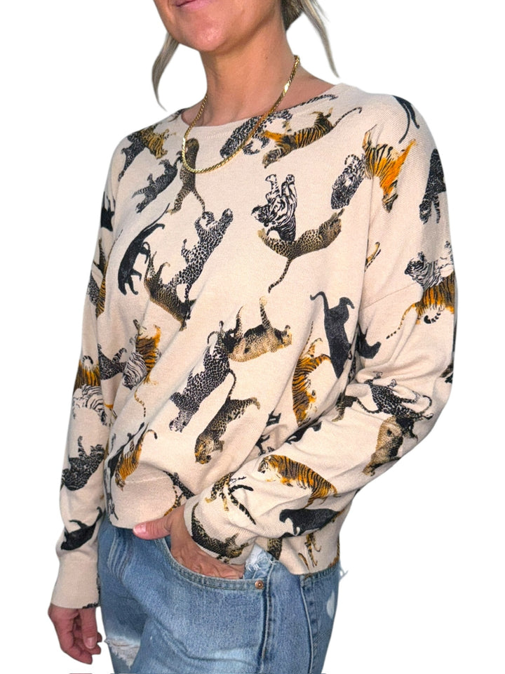 TIGER CREW NECK SWEATER-LATTE - Kingfisher Road - Online Boutique