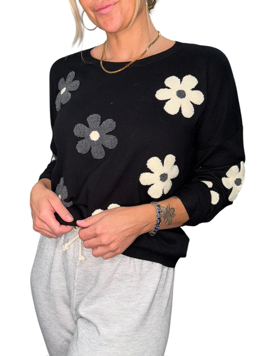 FLOWERS CREW NECK SWEATER-BLACK - Kingfisher Road - Online Boutique