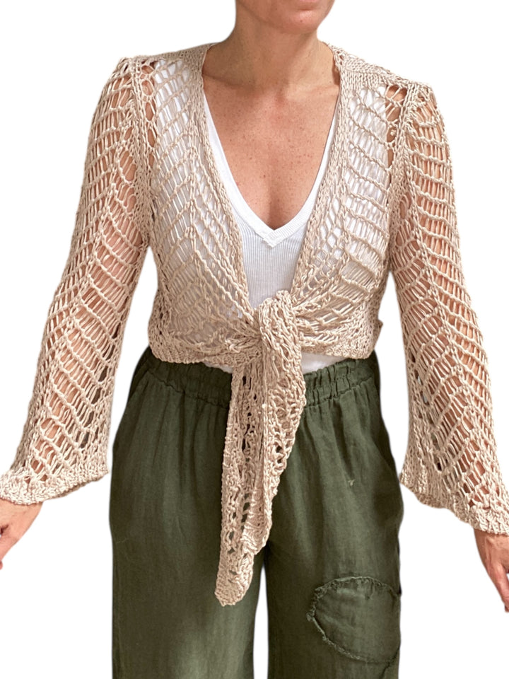 OPEN KNIT CROCHET TIE TOP WITH BELL SLEEVE-TAUPE - Kingfisher Road - Online Boutique