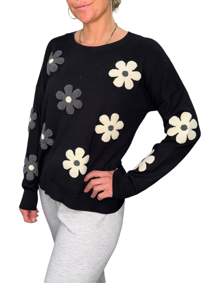 FLOWERS CREW NECK SWEATER-BLACK - Kingfisher Road - Online Boutique