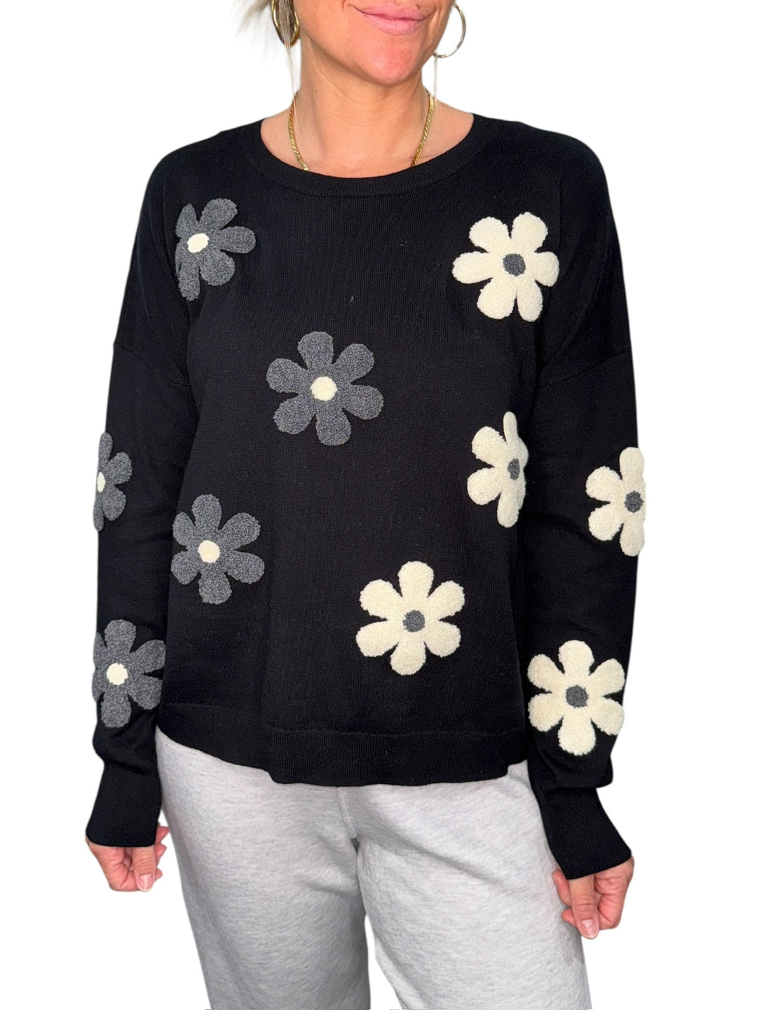 FLOWERS CREW NECK SWEATER-BLACK - Kingfisher Road - Online Boutique