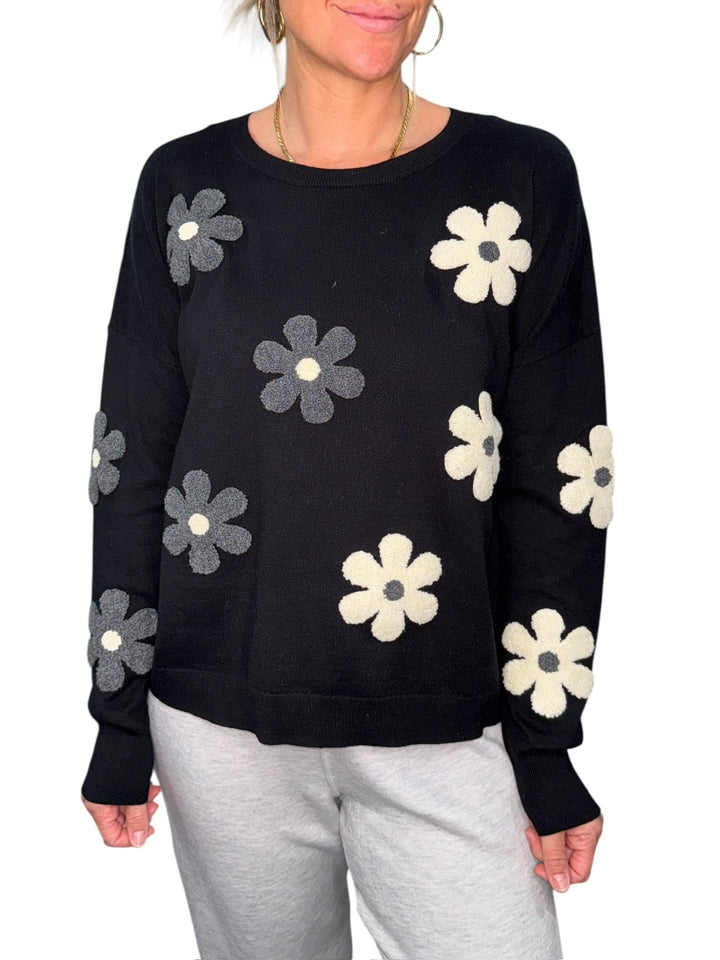 FLOWERS CREW NECK SWEATER-BLACK - Kingfisher Road - Online Boutique