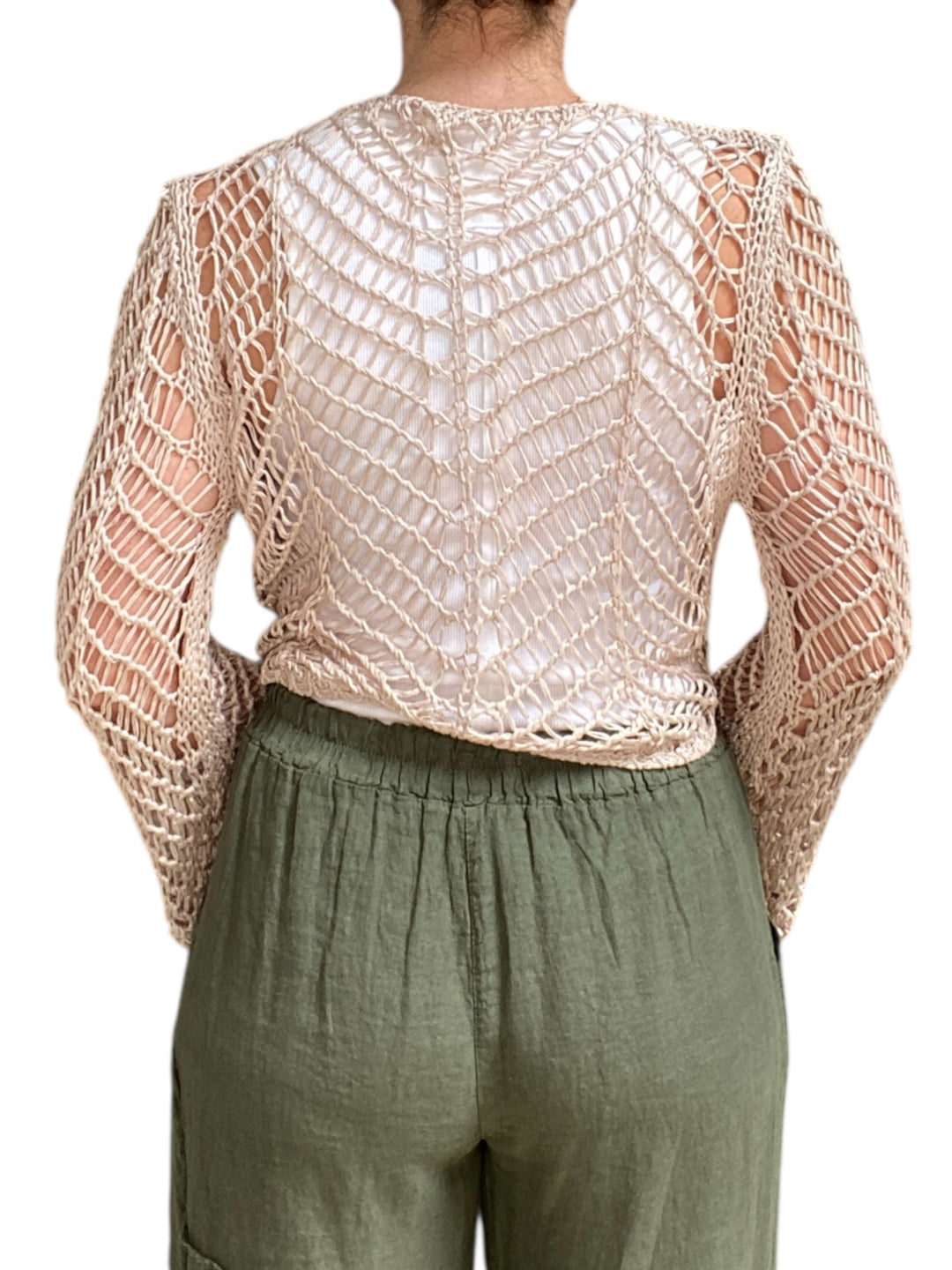 OPEN KNIT CROCHET TIE TOP WITH BELL SLEEVE-TAUPE - Kingfisher Road - Online Boutique