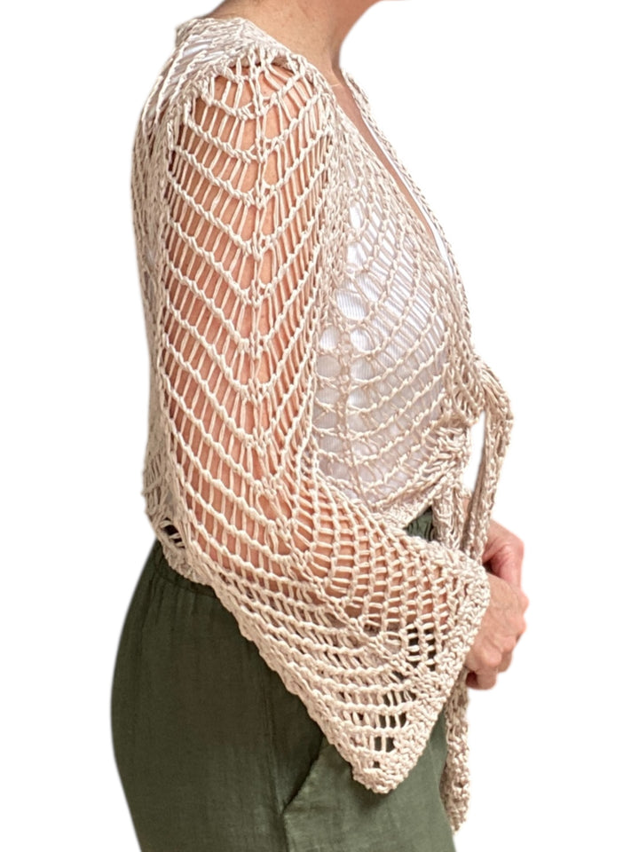 OPEN KNIT CROCHET TIE TOP WITH BELL SLEEVE-TAUPE - Kingfisher Road - Online Boutique