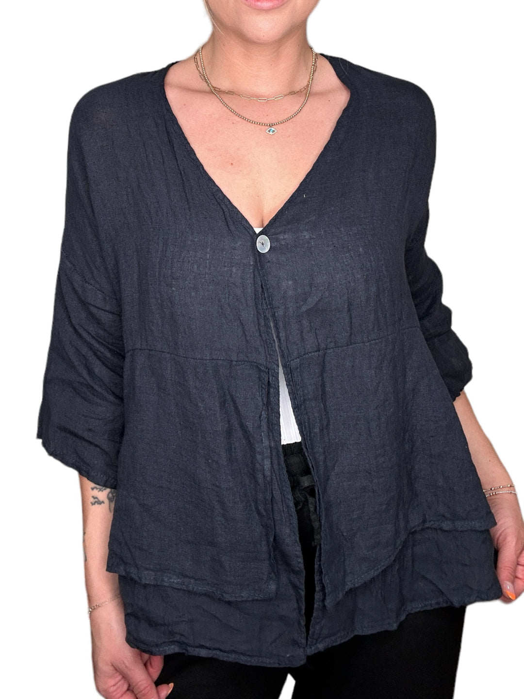 LINEN 3/4 SLEEVE TIERED FRONT JACKET-NAVY - Kingfisher Road - Online Boutique