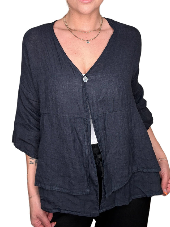 LINEN 3/4 SLEEVE TIERED FRONT JACKET-NAVY - Kingfisher Road - Online Boutique