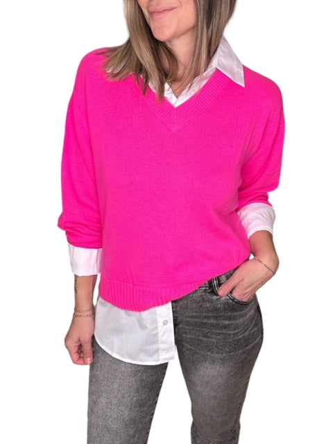 SHIRTING V-NECK SWEATER-DIVA PINK