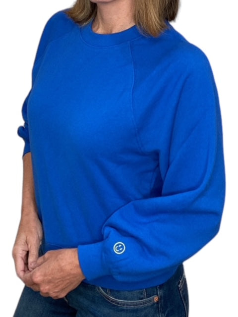 CREW NECK SWEATSHIRT W/ EMBROIDERED SMILEY FACE-ROYAL - Kingfisher Road - Online Boutique