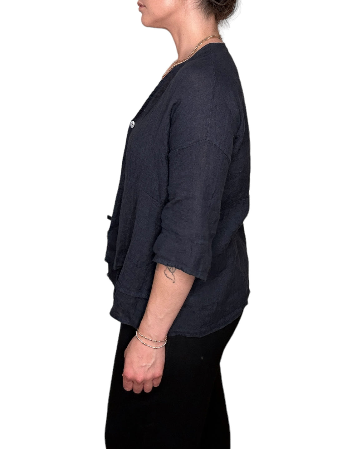 LINEN 3/4 SLEEVE TIERED FRONT JACKET-NAVY - Kingfisher Road - Online Boutique