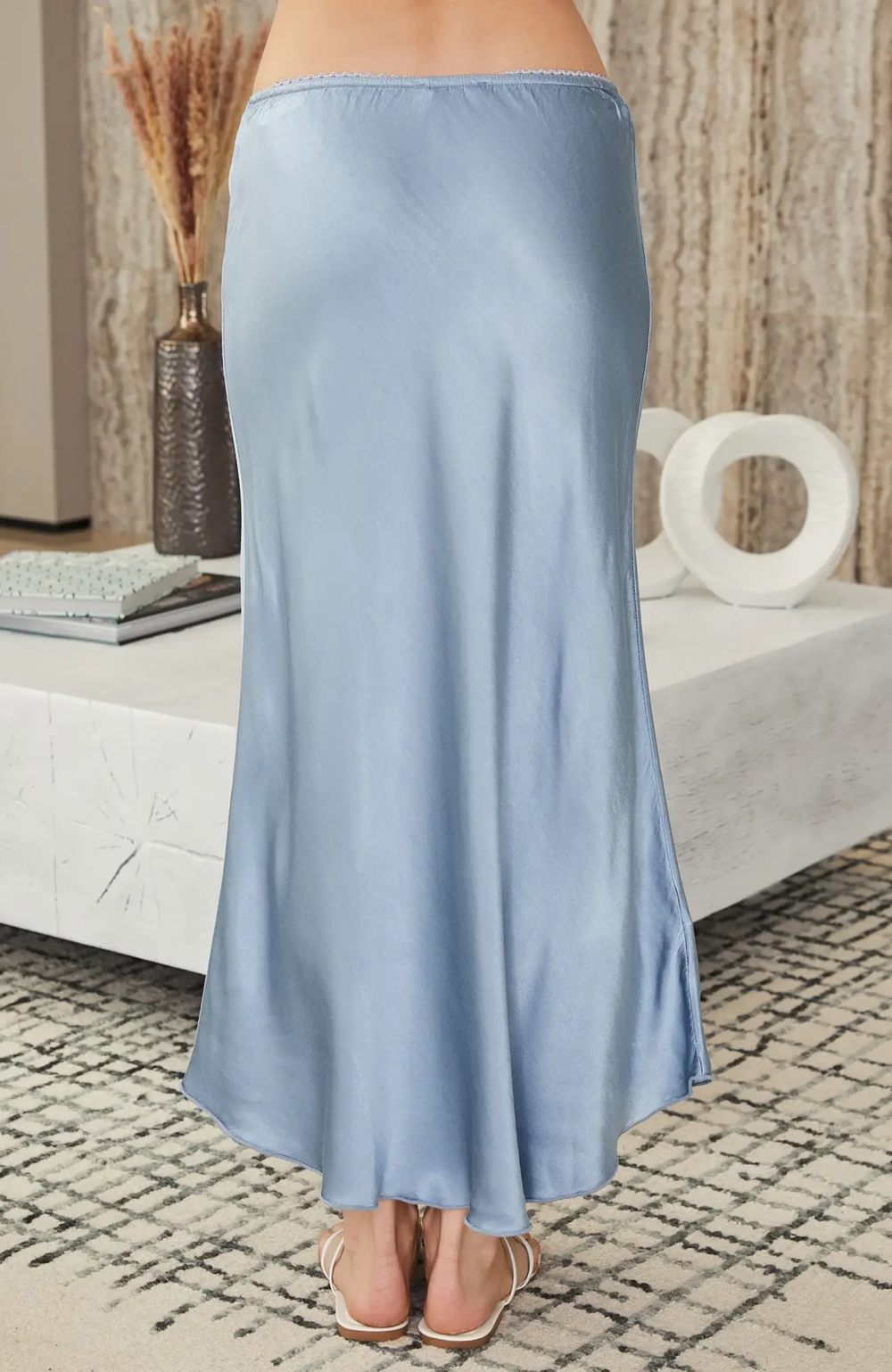 SILKY SLIP SKIRT WITH LACE ELASTIC WAISTBAND-DENIM BLUE - Kingfisher Road - Online Boutique