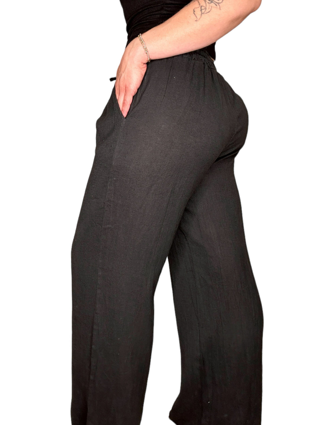 LINEN DRAWSTRING PALAZZO PANT-BLACK - Kingfisher Road - Online Boutique