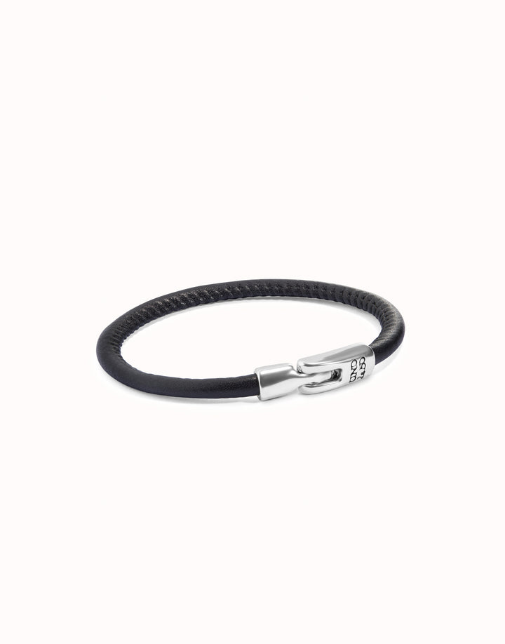 THIN LEATHER SMOOTH BLACK BRACELET-SILVER