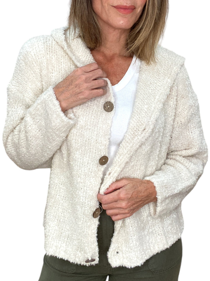 L/S BOUCLE HOODED CARDIGAN WITH BUTTONS-OATMEAL