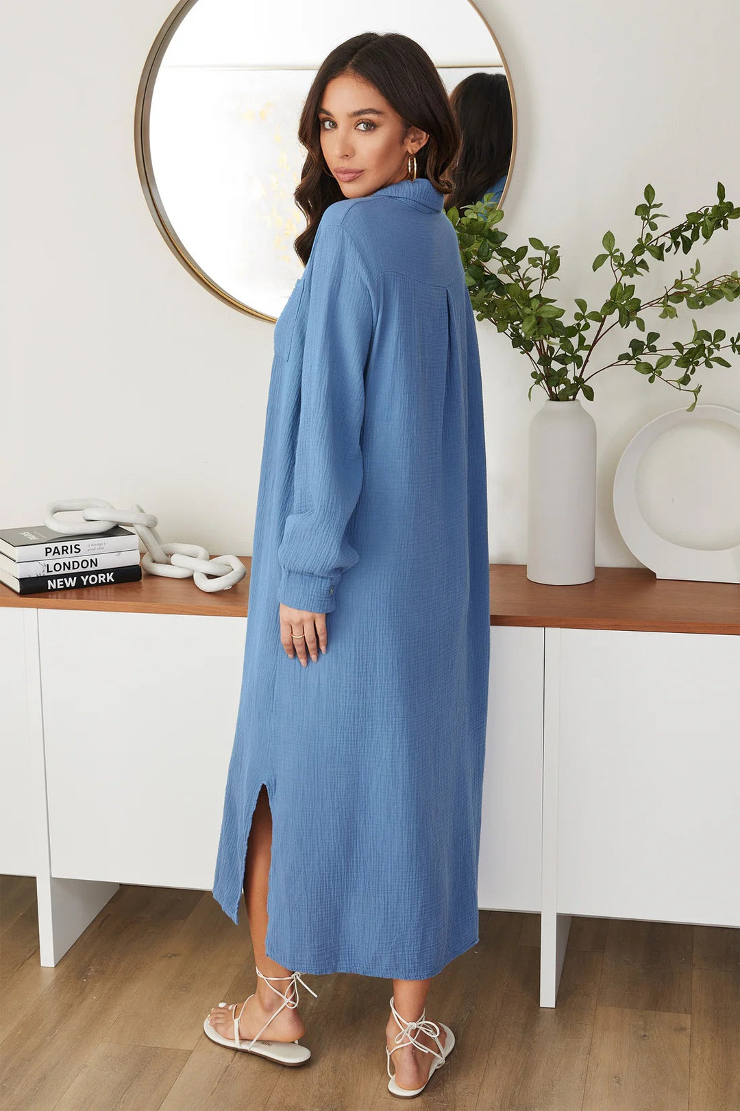 LONG SLEEVE BUTTON DOWN GAUZE MAXI DRESS-DENIM BLUE - Kingfisher Road - Online Boutique