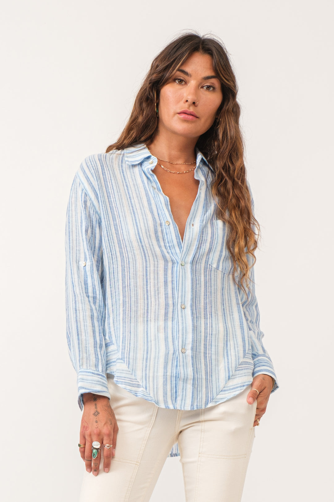 LOLA BUTTON DOWN COLLARED SHIRT-BLUE STREAK - Kingfisher Road - Online Boutique