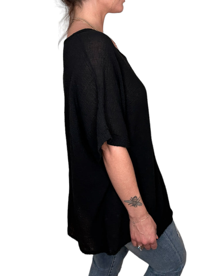 COTTON GAUZE V-NECK TEE-BLACK - Kingfisher Road - Online Boutique