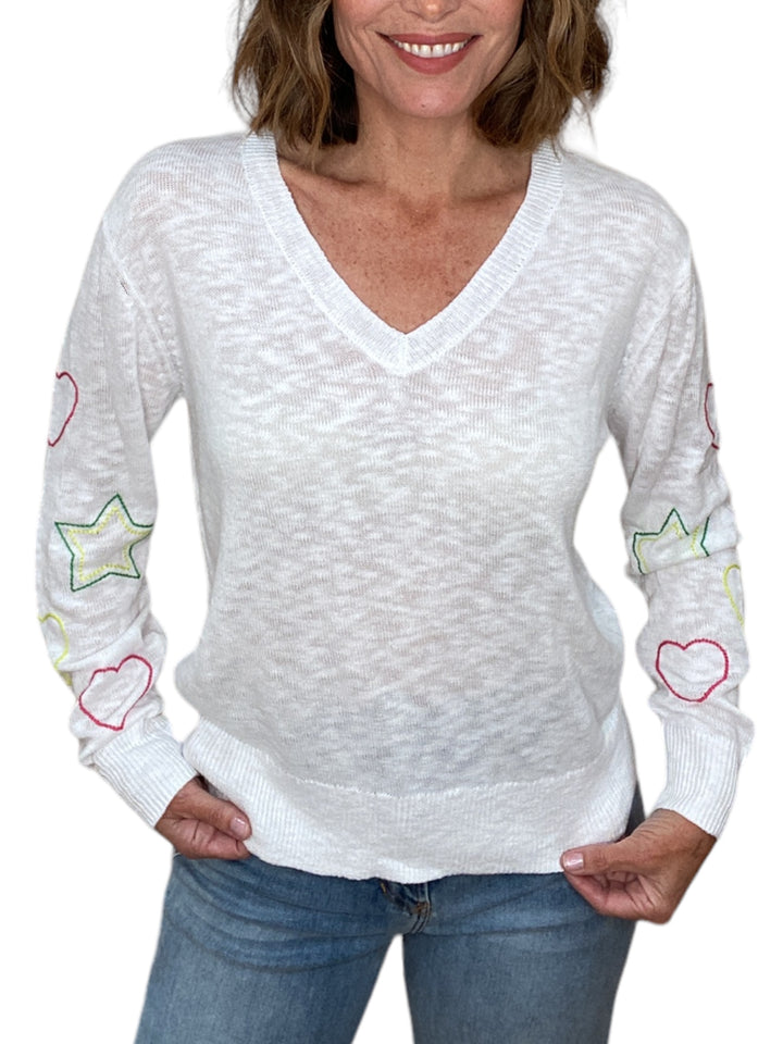 V-NECK STAR SWEATER-WHITE - Kingfisher Road - Online Boutique