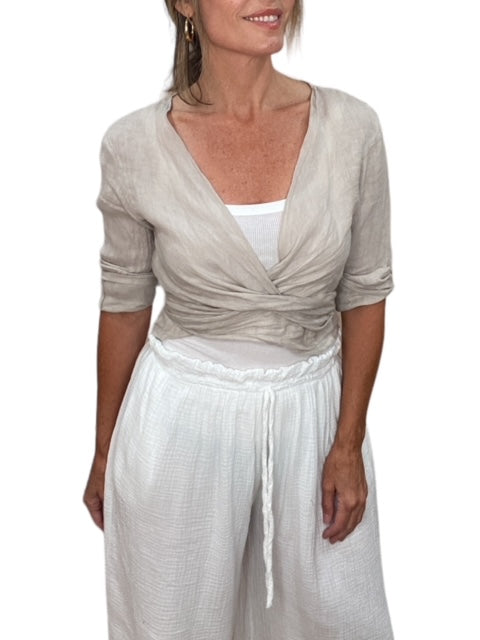 LINEN LONG SLEEVE TIE TOP-BEIGE - Kingfisher Road - Online Boutique