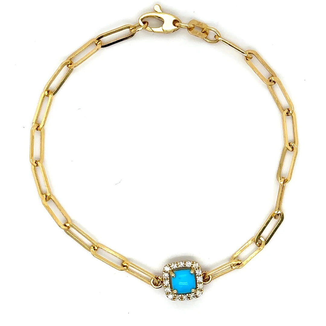 .58ct TURQUISE .14ct DIA CUSHION PAPERCLIP BRACELET-14kt YG - Kingfisher Road - Online Boutique