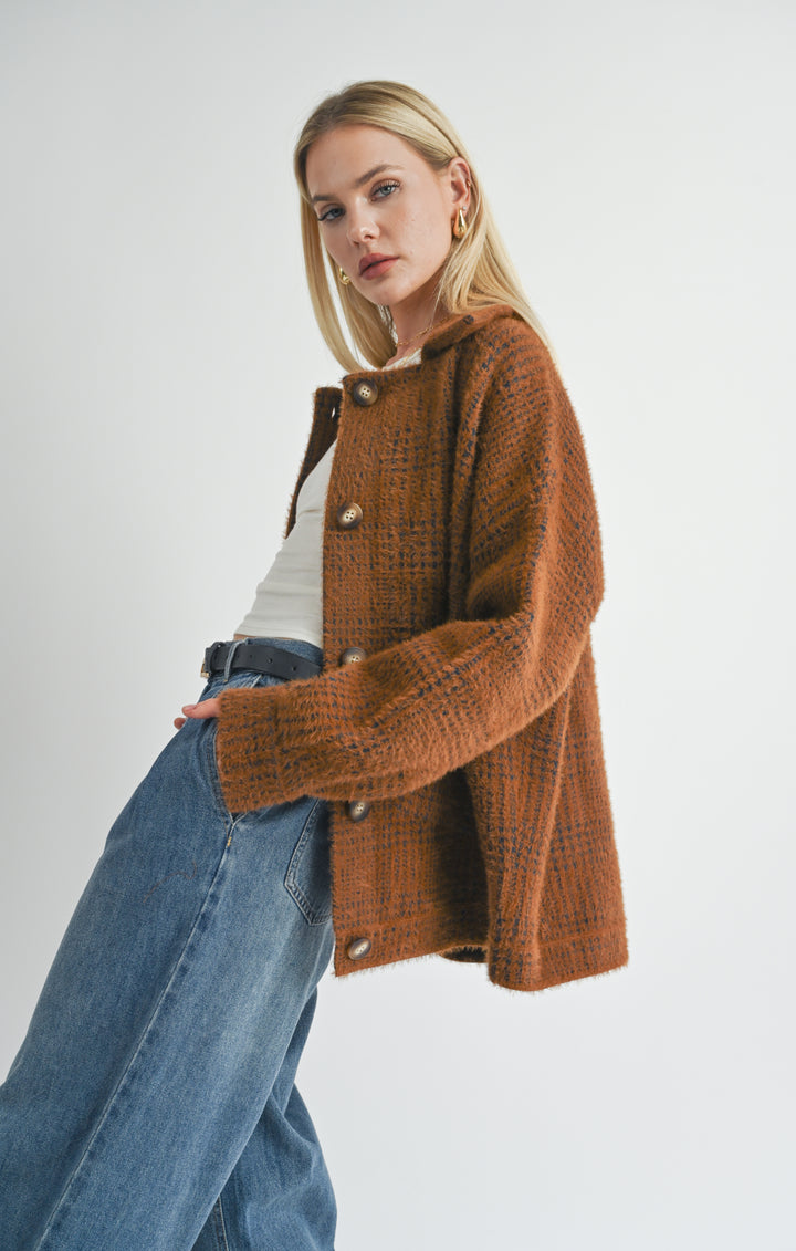 LOLA PLAID SWEATER JACKET-BROWN BLACK