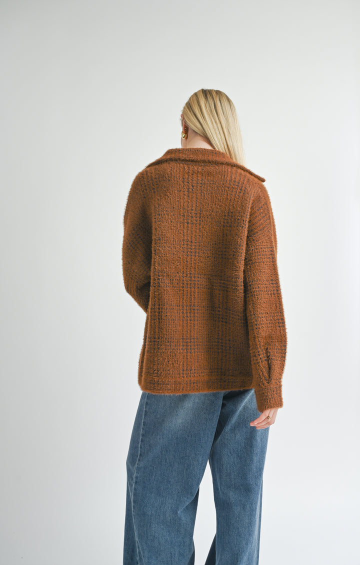 LOLA PLAID SWEATER JACKET-BROWN BLACK