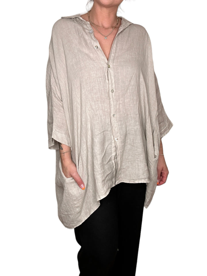 LINEN BUTTON FRONT TUNIC-BEIGE - Kingfisher Road - Online Boutique