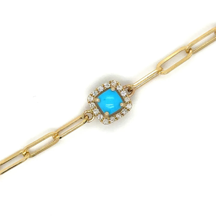 .58ct TURQUISE .14ct DIA CUSHION PAPERCLIP BRACELET-14kt YG - Kingfisher Road - Online Boutique