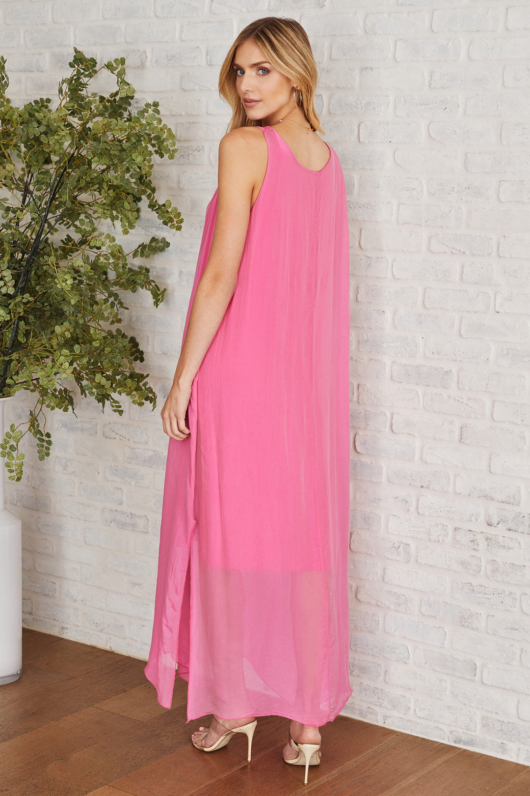 VISCOSE SHEER SLEEVELESS DRESS-FUCHSIA