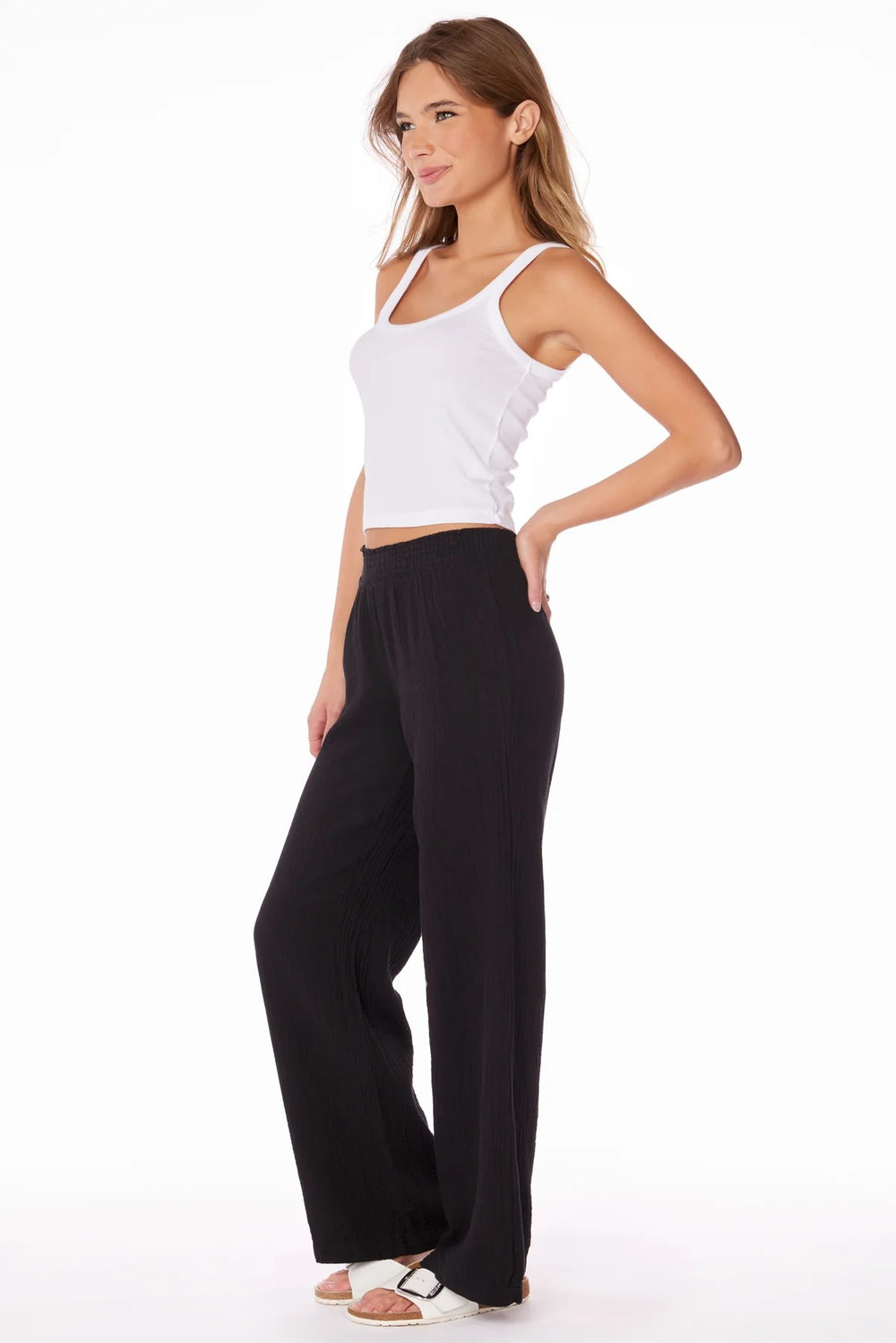 WIDE LEG SMOCKED WAIST PANT-BLACK - Kingfisher Road - Online Boutique