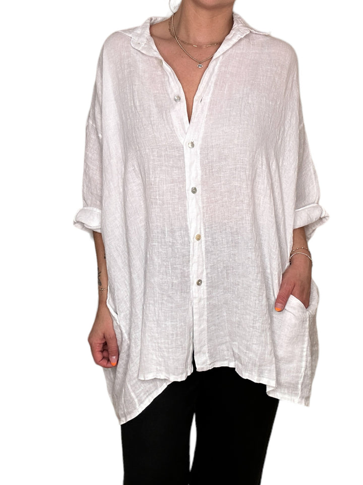 LINEN BUTTON FRONT TUNIC-WHITE - Kingfisher Road - Online Boutique