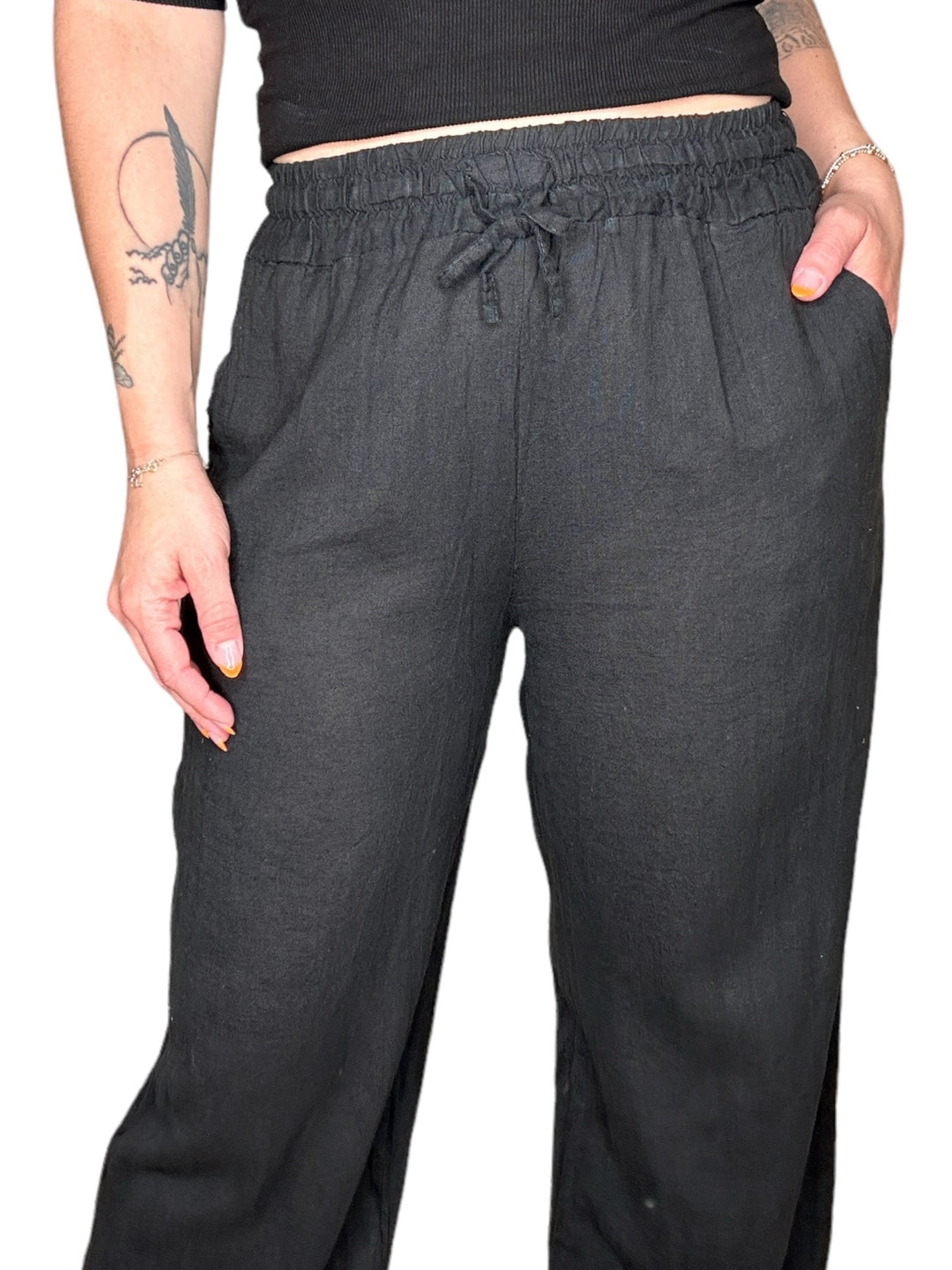 LINEN DRAWSTRING PALAZZO PANT-BLACK - Kingfisher Road - Online Boutique
