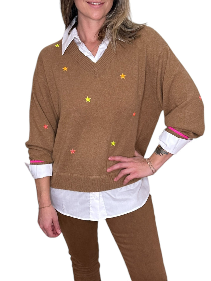 STAR SHIRTING V-NECK SWEATER-CHESTNUT