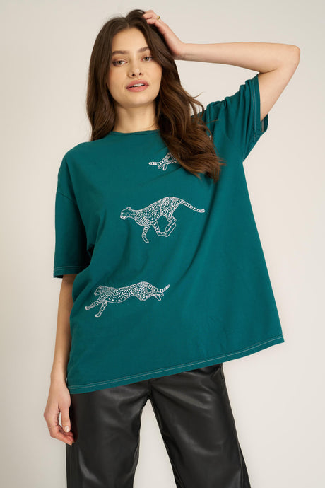 PINK CHEETAHS OVERSIZED TEE-PACIFIC TEAL