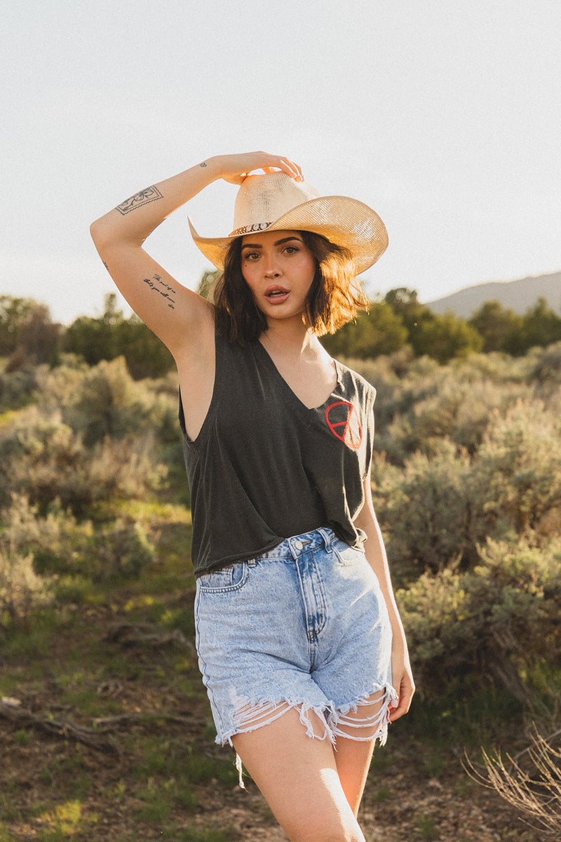 PEACE EMBROIDERED TANK-BLACK - Kingfisher Road - Online Boutique