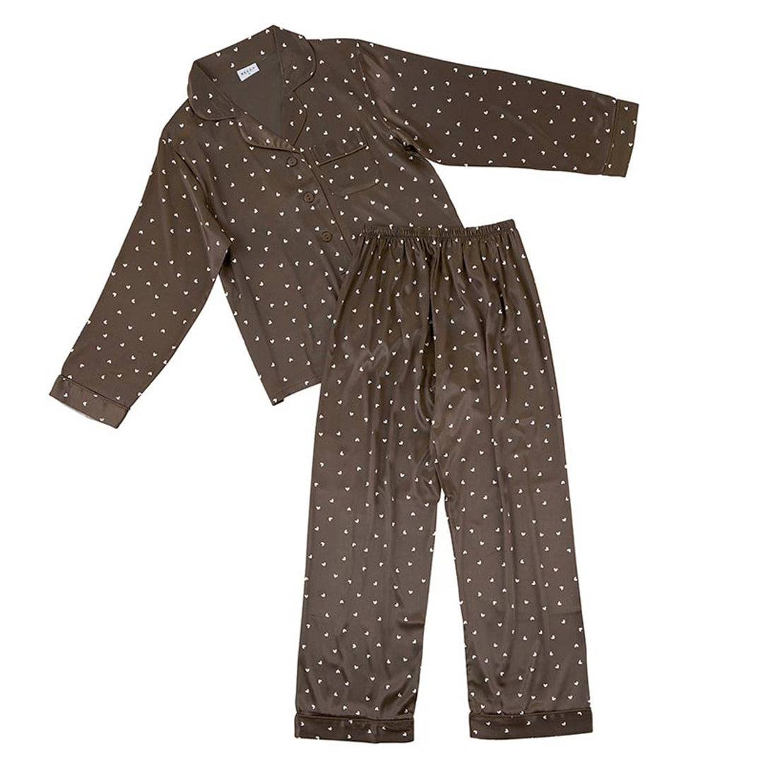 LONG SLEEVE PJ SET-BROWN/WHITE HEARTS