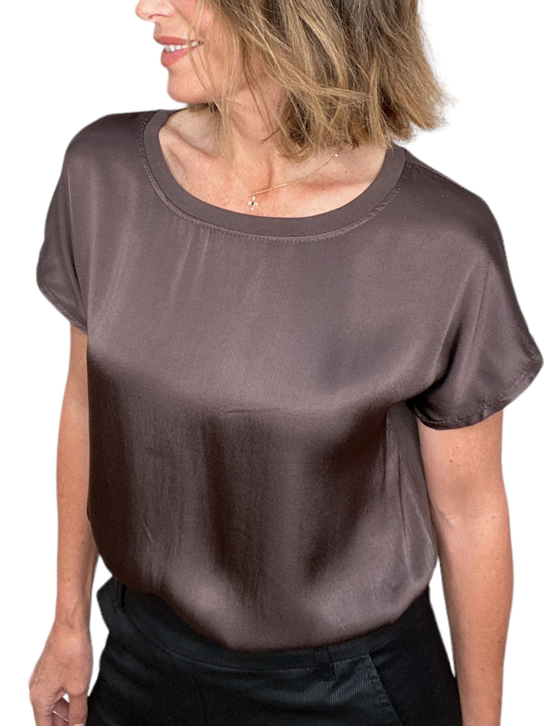 HALE SATIN FRONT DRAWSTRING TEE-CHOCOLATE - Kingfisher Road - Online Boutique