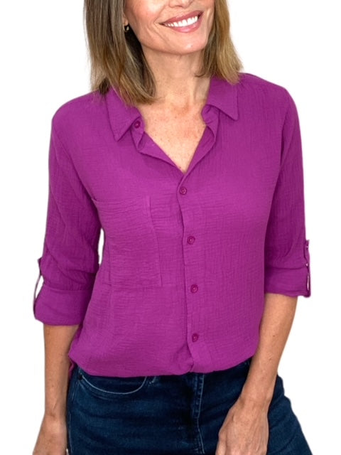ROLL SLEEVE BUTTON FRONT COLLAR SHIRT-ACAI - Kingfisher Road - Online Boutique