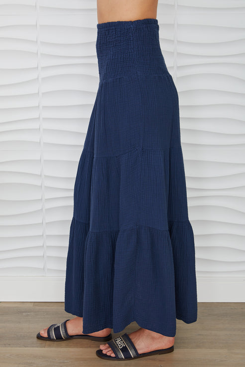 TIERED COTTON GAUZE SKIRT-NAVY BLUE - Kingfisher Road - Online Boutique